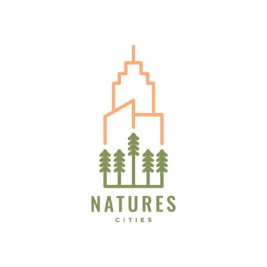 Şehir doğası çizgisi tarzına sahip ağaç ormanı basit hipster logo tasarım vektör illüstrasyonu