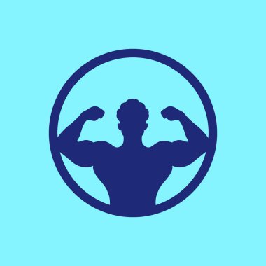 İnsan portresi güçlü vücut geliştirme fitness silueti daire basit modern logo tasarımı vektör çizimi