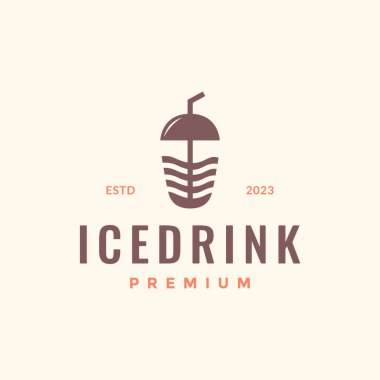 Taze buzlu içecek plastik bardak suyu hipster tarzı basit logo tasarımı vektör illüstrasyonu