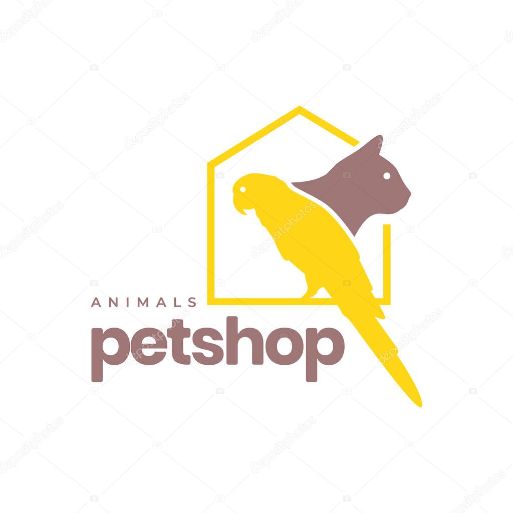 Pets home cage parrot bird and cat colorful mascot modern simple logo icon vector illustration