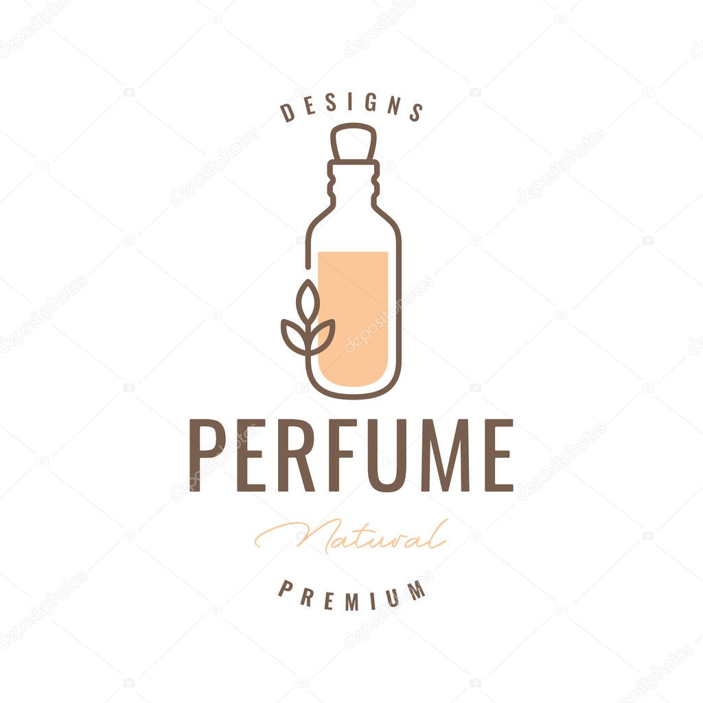 Bottle perfume leaves flower feminine colorful line style minimal logo design vector icon illustration