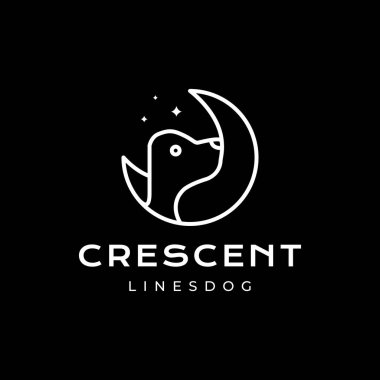 Köpek portresi olan gece hilal basit stil çizgisi en az maskot karakteri logo tasarım vektör illüstrasyonu