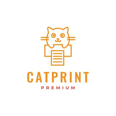 Kağıt yazıcısı olan kedi. Güzel, modern maskot çizgi film karakteri. Basit çizgi stili logo tasarım vektör çizimi.