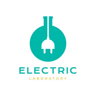 Elektrik prizi bilim teknolojili laboratuar camı düz modern logo tasarım vektör çizimi