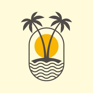 Hindistan cevizi ağacı plajı sahil kıyısı günbatımı çıkartması renkli eski moda hipster logo tasarım vektör illüstrasyonu