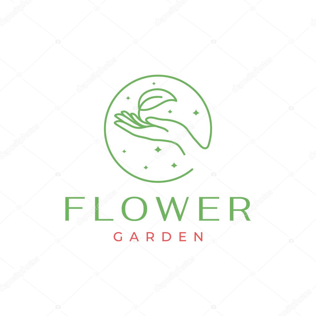 Hand with leaves circle shape line style simple minimal feminine gardening florist logo design vector icon illustration