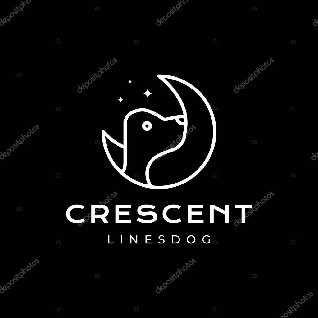 Night crescent with dog portrait simple style line minimal mascot character cartoon logo design vector icon illustration