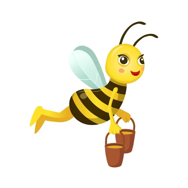 Set of funny cartoon bees. A bee sits on a flower. Bees carry nectar, honey in buckets. Cartoon bee for children on a white background