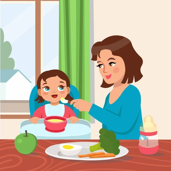 Niño Aprendiendo Comer Con Una Cuchara Alimentar Gachas Bebé Sentado — Vector de stock