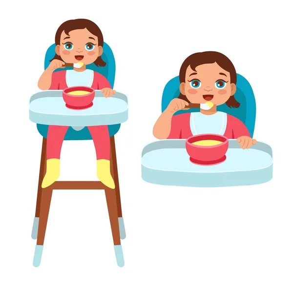 Child Learning Eat Spoon Feeding Baby Porridge Sitting Chair Cartoon — Stock Vector