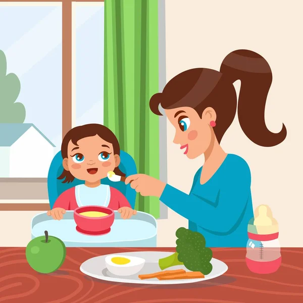 Μητέρα Ταΐζει Μωρό Της Κουτάλι Παιδί Μαθαίνει Τρώει Κουτάλι Ταΐζοντας — Διανυσματικό Αρχείο