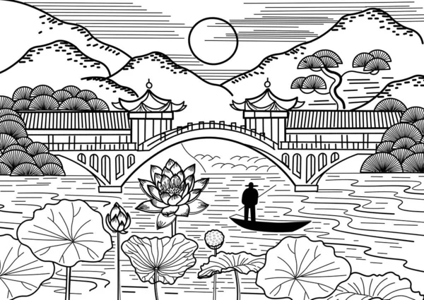 Nehir Köprü Teknedeki Balıkçı Silueti Nilüferler Evler Pagodalar Olan Japon — Stok Vektör