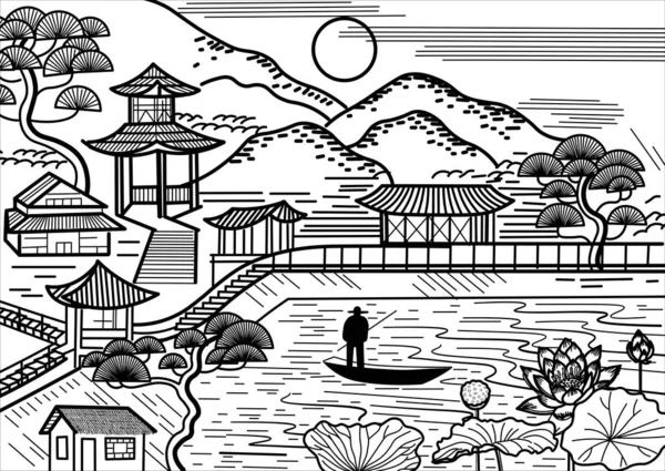 Japanische Landschaftsgrafiken Mit Fluss Brücke Silhouette Eines Fischers Boot Seerosen — Stockvektor
