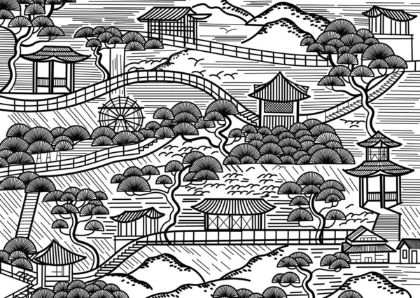 ガゼボと階段で中国の森 滝と日本の風景グラフィック 黒と白のグラフィックイラスト — ストックベクタ