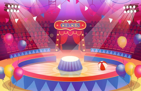 Circus Arena Stage Show Empty Stage Interior Seats Flags Spotlights — Stock Vector