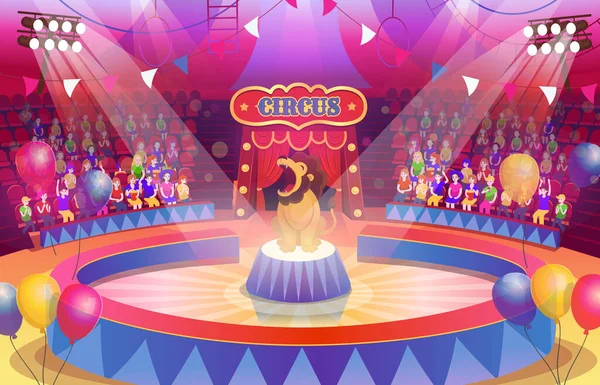 Cirkuszi Aréna Egy Kerek Színpadon Show Sokan Nézik Előadást Cirkuszban — Stock Vector