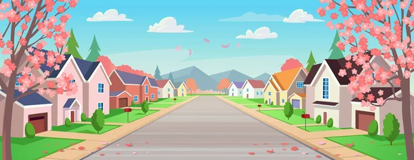 교외에 집들이 집들이 있습니다 나무와 집들의 만화에 나오는 — 스톡 벡터