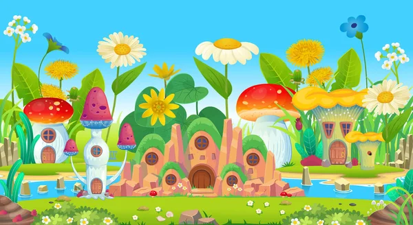 Casas Mágicas Cogumelos Grama Flores Ilha Fantasia Casa Com Muitas —  Vetores de Stock