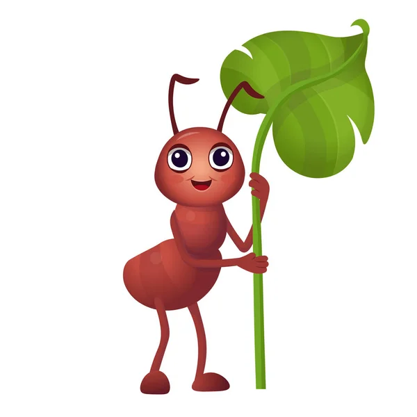 stock vector Funny cartoon ant. Ants carry a leaf. Cartoon ant for children on a white background.