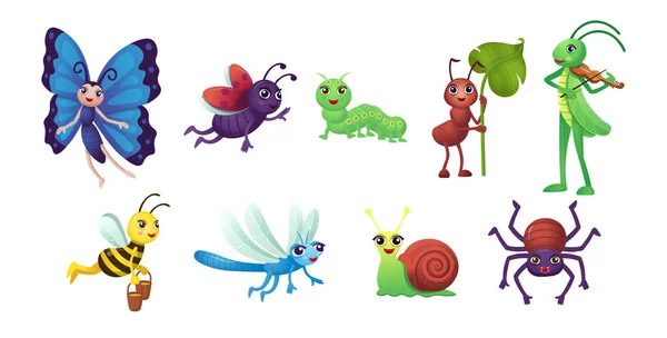 stock vector Big set of cartoon insects for kids. Humanized insects with hands and eyes for kids. Fun to study insects to play games.  Insects on white background.