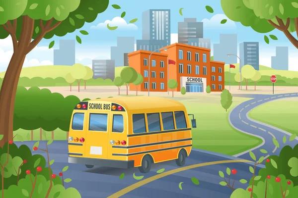 Bus Scolaire Jaune Sur Chemin École Retourne École Route Vers — Image vectorielle