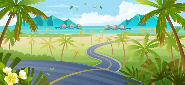 环绕着海滩路的风景 有椰子树和花的路上 卡通矢量背景 — 图库矢量图片