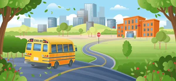 学校へ行く途中の黄色のスクールバス 学校に戻る 学校への道 漫画のベクターイラスト 長いバナー — ストックベクタ