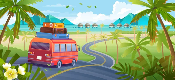 乘坐汽车在有海滩的公路上旅行 带有行李 海洋和山脉的红色轿车的夏季风景 矢量卡通画 — 图库矢量图片
