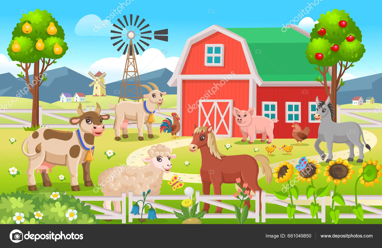 Panorama Granja Con Granero Casas Molinos Campos Árboles Animales Granja  Vector de stock #661049850 de ©Yucalora, image size:1600x1038