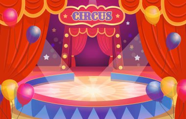 Circus arena with a round stage for the show.  Arena with a curtain. Interior with  balloons. clipart