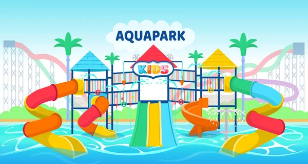 Complexe Pour Enfants Deux Étages Dans Parc Aquatique Avec Toboggans — Image vectorielle