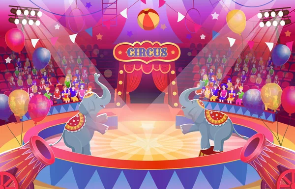 Elefantes Divertidos Circo Arena Circo Con Escenario Redondo Para Espectáculo — Vector de stock