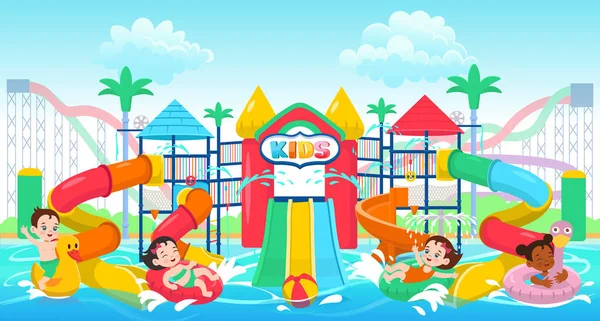Complexe Pour Enfants Deux Étages Dans Parc Aquatique Avec Enfants — Image vectorielle