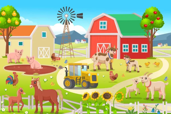 トラクター フィールド 木や農場の動物と農場のパノラマ 子供のための家畜との大きなシーン — ストックベクタ
