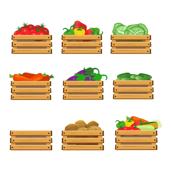 Set Avec Boîtes Bois Avec Légumes Tomates Poivrons Chou Carottes — Image vectorielle