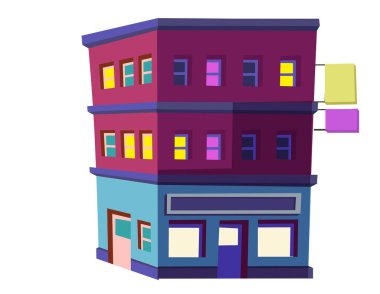 Gece şehir ev dolaşacağız. Çizgi film tarzında renkli camları olan açık kahverengi bir ev. Beyaz arka planda yüksek binalar.