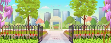 Baharda çiçek açan bir park. Parka giriş günü. Parkın kapılarını açın. Çardağı, pervanesi, bankları, fenerleri olan güzel bir yaz parkı. Düz çizgi film biçimi.