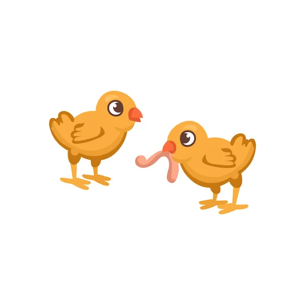 给孩子们的卡通小母鸡 小鸡吃虫子 — 图库矢量图片