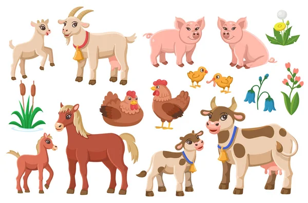 Zestaw Zwierząt Gospodarskich Stylu Kreskówki Ilustracja Wektora Krowy Kozy Konia — Wektor stockowy