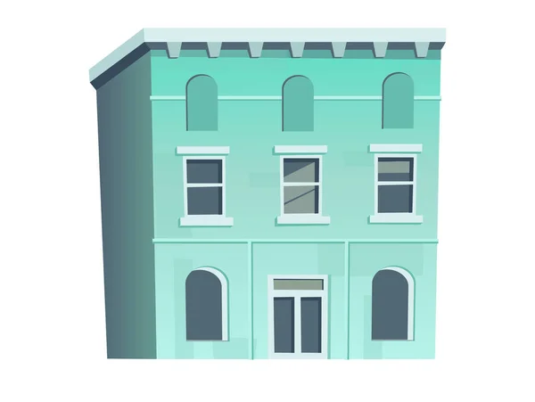 蓝色的历史性老房子 窗户和商店在一楼的卡通风格 白色背景的高层建筑 — 图库矢量图片