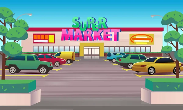 Vue Perspective Supermarché Extérieur Avec Parking Supermarché Extérieur Avec Parking — Image vectorielle