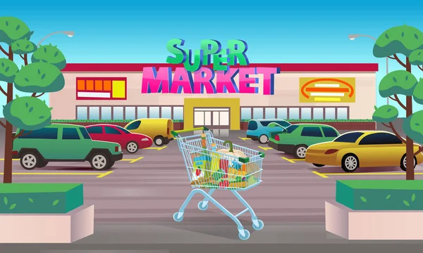 Dışarıdaki Süpermarketin Manzarası Park Yeri Açık Hava Süpermarketi Araba Parkı — Stok Vektör
