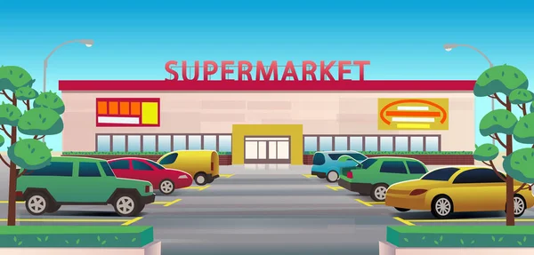 Dışarıda Park Edilmiş Bir Süpermarket Var Açık Hava Süpermarketi Cam — Stok Vektör