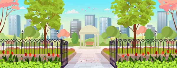 公园日的入口 打开公园的大门 美丽的夏季公园 有凉亭 罗通达 平面卡通风格 — 图库矢量图片