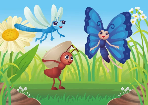 Kelebek Karınca Yusufçuk Çiçek Mavi Gökyüzü Arkaplanlı Yaz Manzarası Çizgi — Stok Vektör