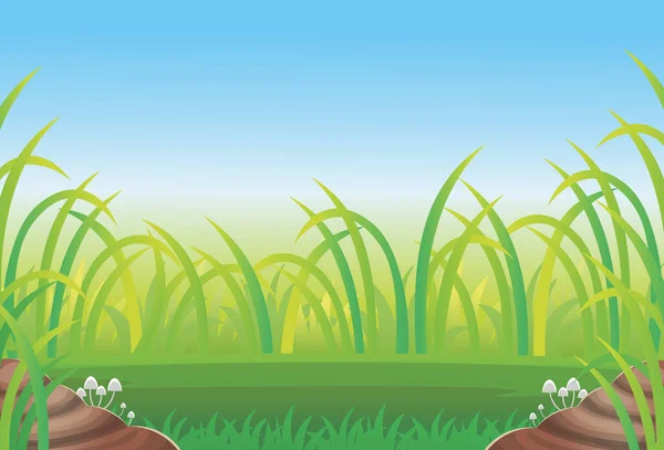 緑の牧草地 草の青空の背景とフィールドの夏の風景 漫画風のベクトルイラスト — ストックベクタ