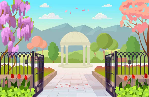 山と春に咲く公園 公園の日への入り口 公園への門を開けなさい 展望台 ロタンダ ベンチ ランタンと美しい夏の公園 平漫画風 — ストックベクタ