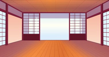 Büyük pencereli boş bir Japon odası. Çizgi film biçimi