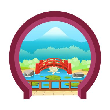 Bahçeye bakan Japon yuvarlak kapısı. Güzel Japon doğası, kırmızı köprü, nilüferli göl