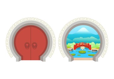 Çin yuvarlak kapısı kapalı ve açık, bahçeye bakan. Güzel doğa, kırmızı köprü, nilüferli göl. Çin bahçesi ya da tapınağı kapısı